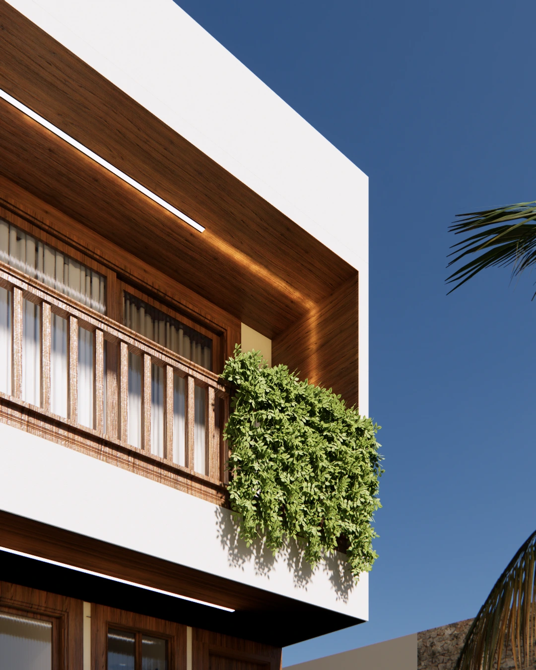 Design contemporâneo de fachada residencial com volume ristado e beiral amadeirado sob céu azul.