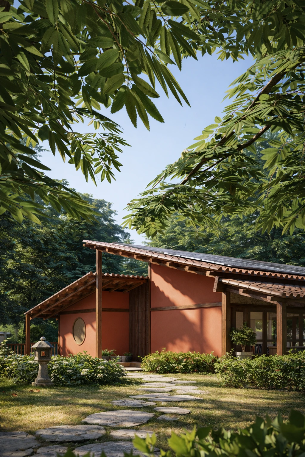 Fachada de casa urbana moderna com garagem integrada e revestimento amadeirado.