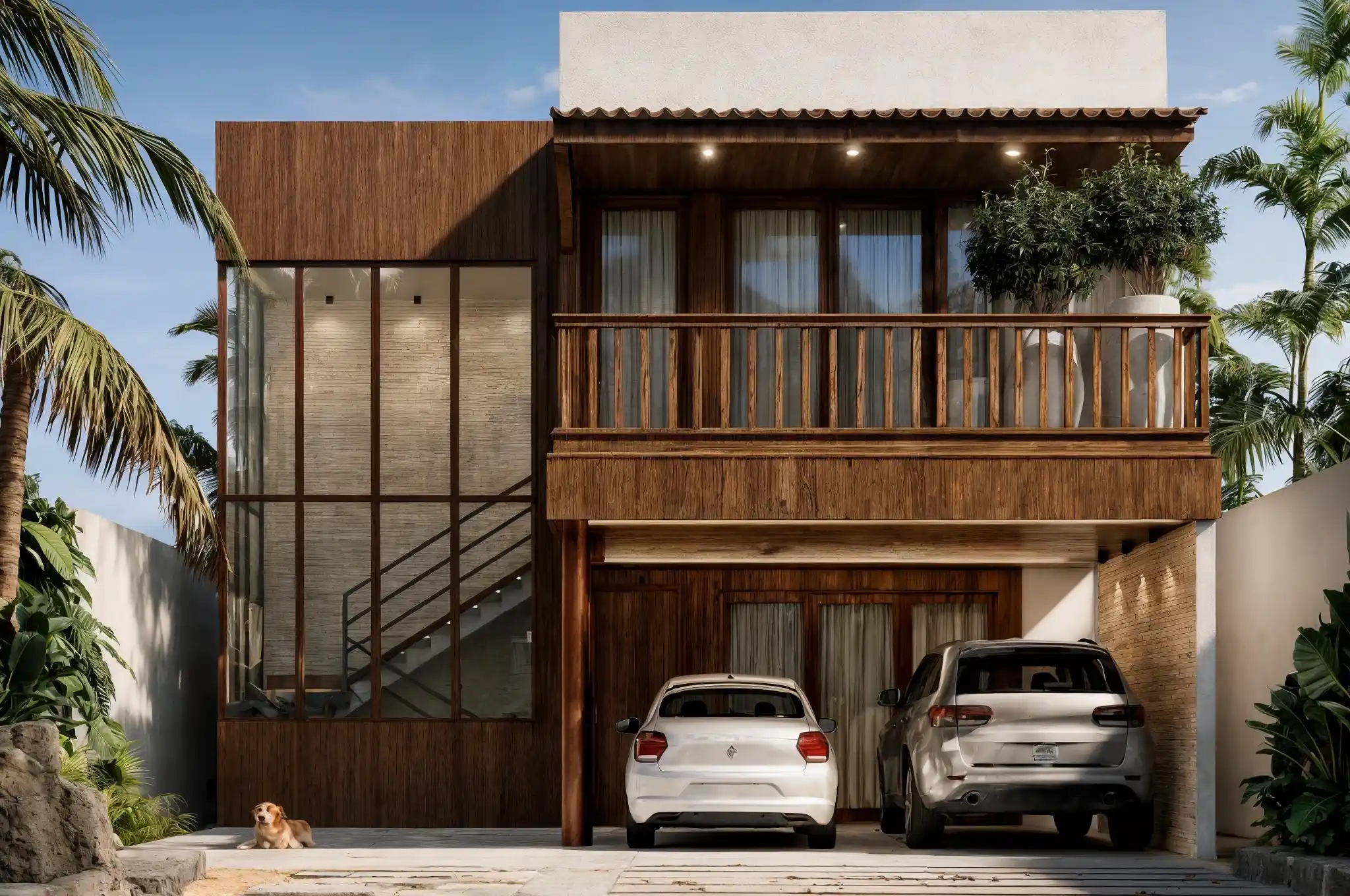 Fachada moderna com garagem integrada e varanda em madeira de demolição, projeto por Marcos Brito.