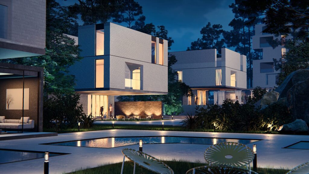 Render 3D de casa moderna criado em projeto de arquitetura online