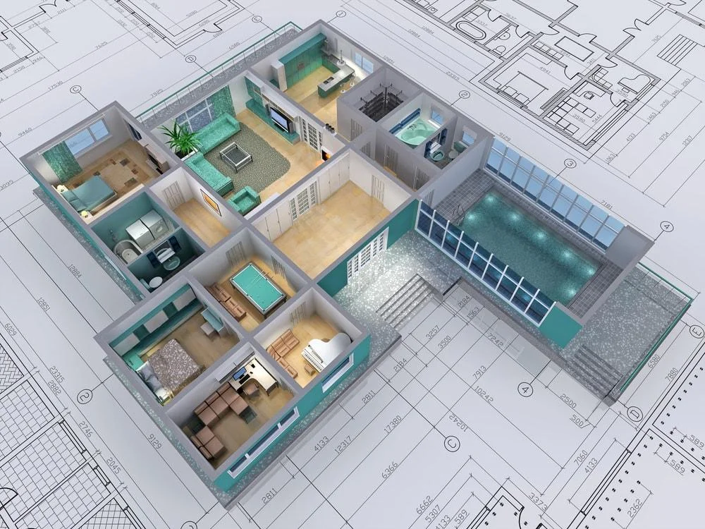 Planta baixa humanizada em 3D mostrando a disposição dos móveis e setorização dos ambientes internos.