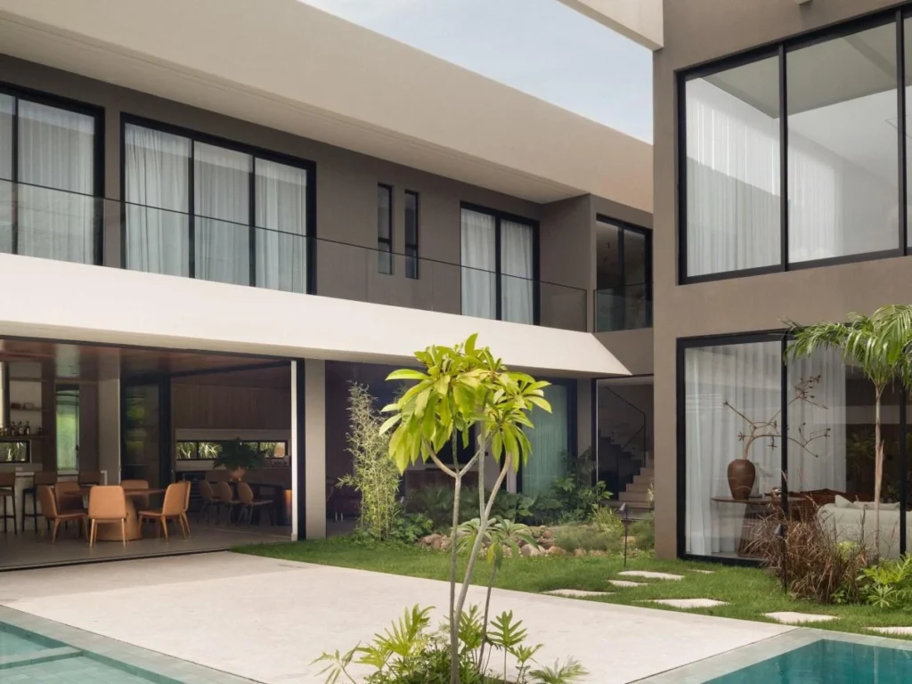 Área externa com jardim planejado, espelho d'água e integração com o living da residência.