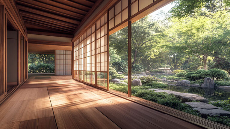 A arquitetura tradicional japonesa usa shoji (painéis de papel) e engawa (varandas abertas) para ventilação natural.