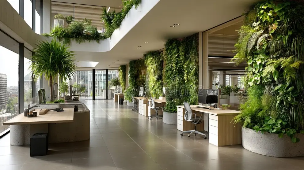 Biophilic design em escritórios: jardim vertical e plantas para aumentar produtividade e reduzir estresse