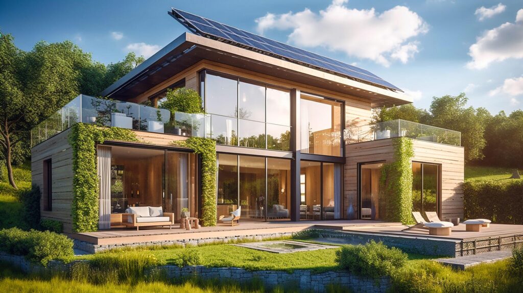 Casa sustentável contemporânea integrada à natureza.