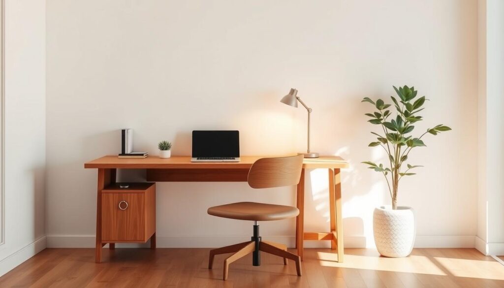 Feng Shui na Arquitetura: Como Criar Espaços Harmoniosos e Cheios de Energia 6 Escritório com mesa posicionada estrategicamente no Feng Shui: de costas para a parede e com visão da porta para foco e controle