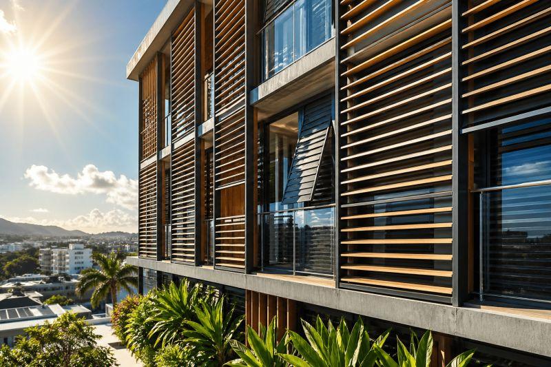 Fachada contemporânea com brises e proteção solar.