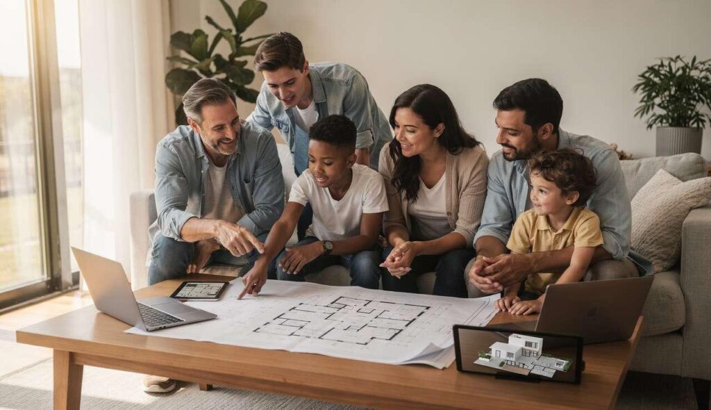 Família planejando a construção da primeira casa com um projeto arquitetônico.