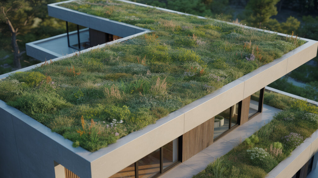 10 Ideias Incríveis para Integrar Natureza e Arquitetura na Sua Casa 3 Telhado verde em cobertura de casa moderna, com vegetação e isolamento térmico