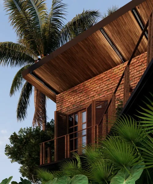 Home 6 Varanda gourmet com estrutura de madeira aparente e integração com o jardim.
