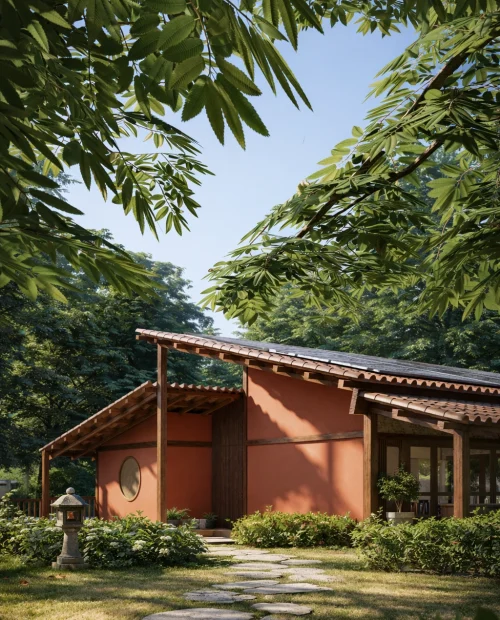 Projeto de casa de campo sustentável com telhado inclinado e estrutura metálica aparente.