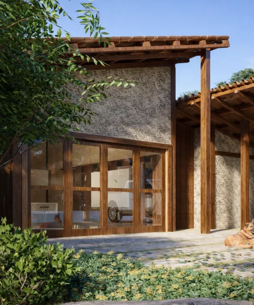 Arquitetura residencial sustentável unindo tijolo maciço, madeira e estrutura metálica.